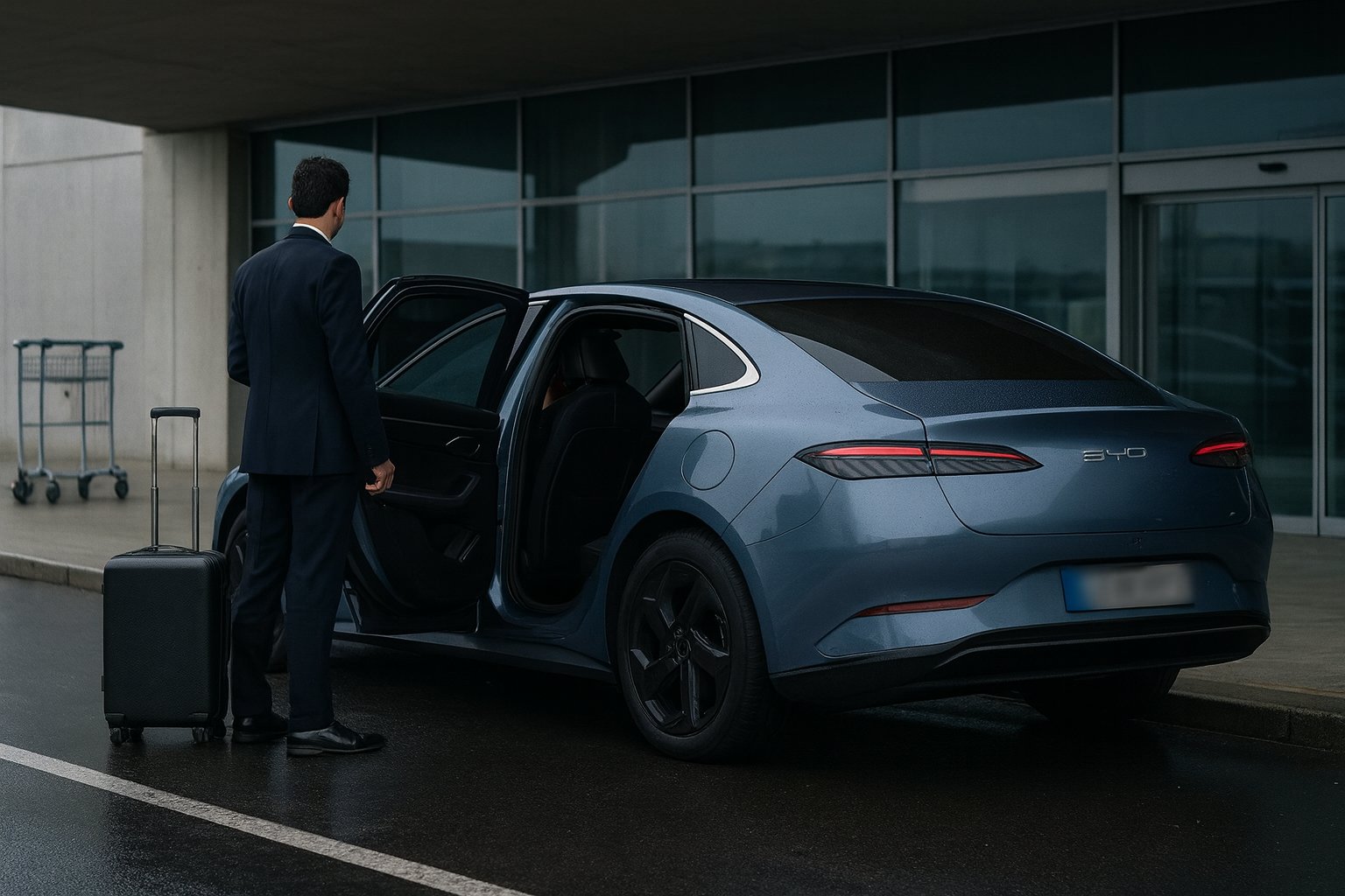 Berline électrique BYD Seal bleu acier en attente devant le terminal d'arrivée — transfert VTC depuis l'aéroport de Nantes-Atlantique