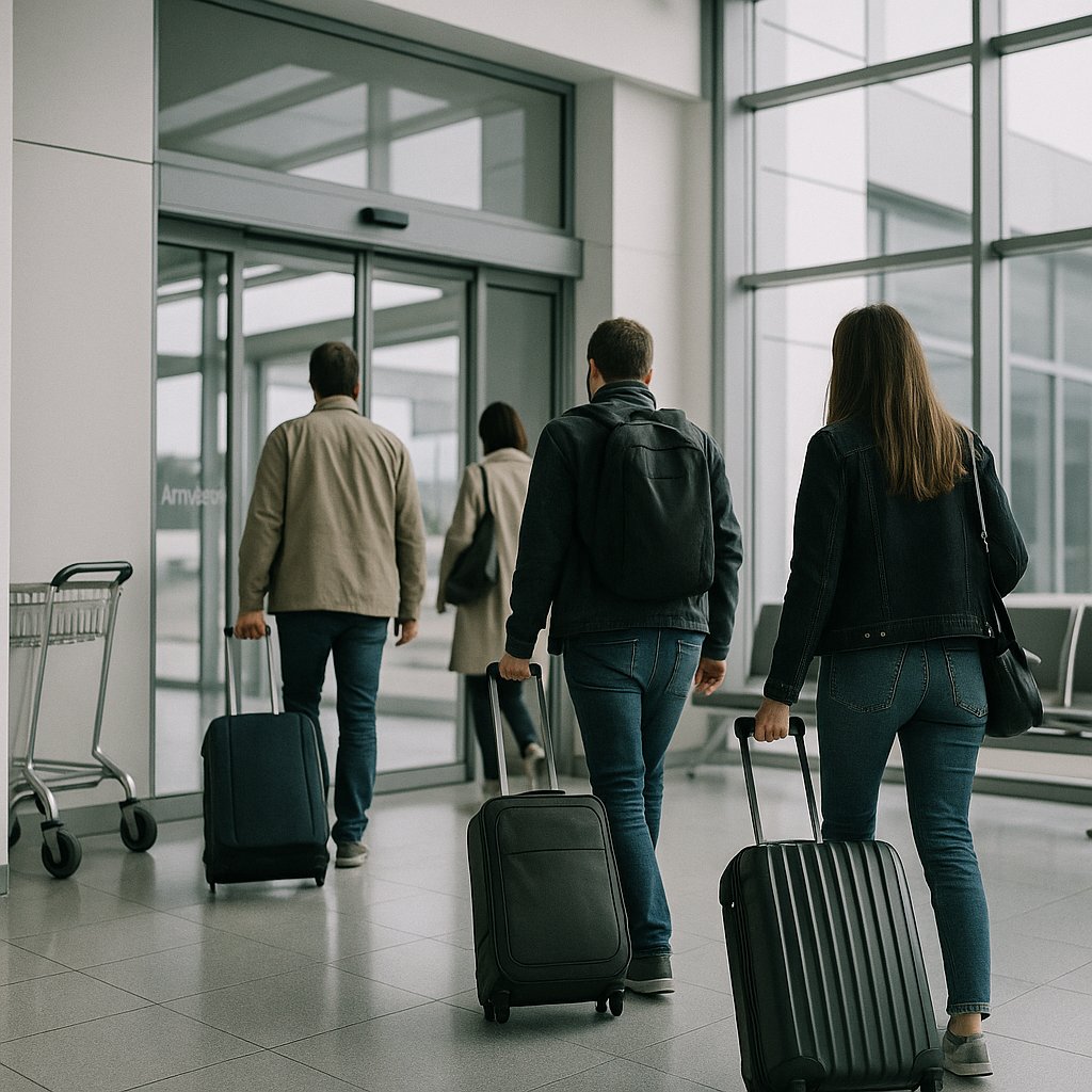 Voyageurs sortant du hall des arrivées avec leurs valises à l'aéroport de Nantes-Atlantique, avant leur transfert VTC