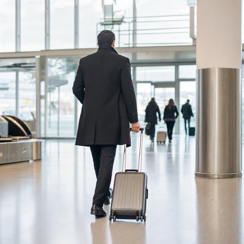 Voyageur quittant le hall d'arrivée de l'aéroport de Nantes-Atlantique pour son transfert VTC — VTC Breizh Atlantique