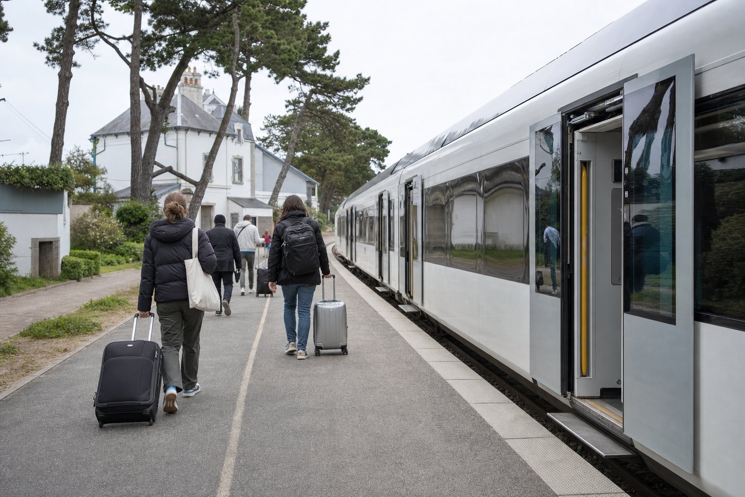 Train TER arrivant en gare de La Baule-Escoublac sous les pins — venir à La Baule en train depuis Nantes