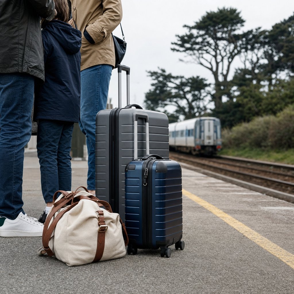 Voyageurs avec leurs valises sur le quai de la gare de La Baule-Escoublac à l'arrivée du train depuis Nantes