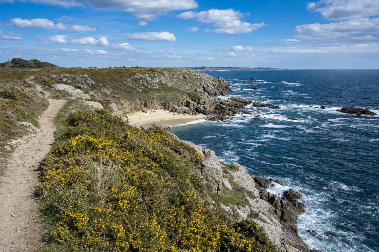 Sentier côtier de la Côte Sauvage sur la presqu'île guérandaise, criques et ajoncs en fleurs — blog VTC Breizh Atlantique
