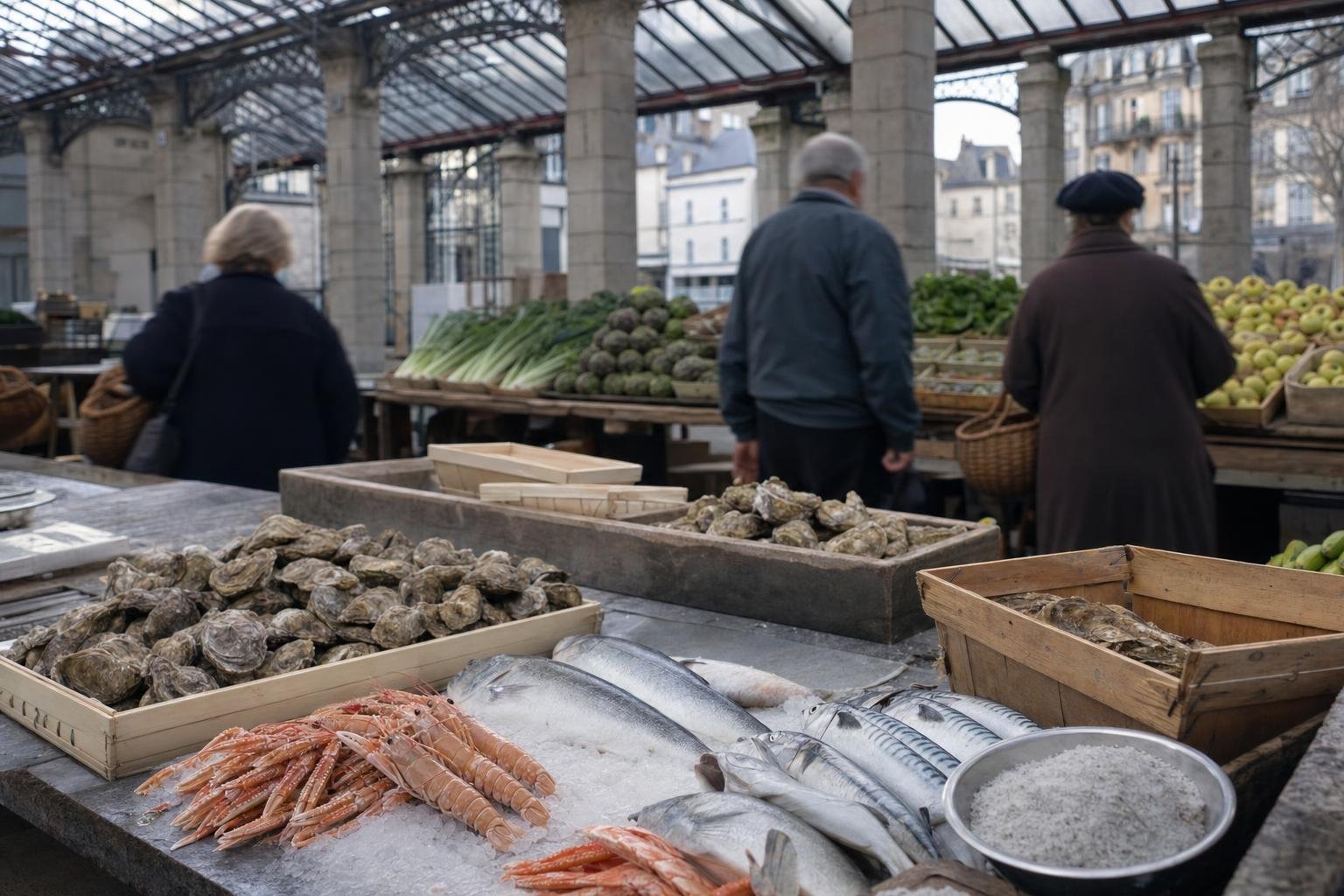 Halles du marché de Guérande au matin : étal d'huîtres, poissons et sel de la presqu'île guérandaise
