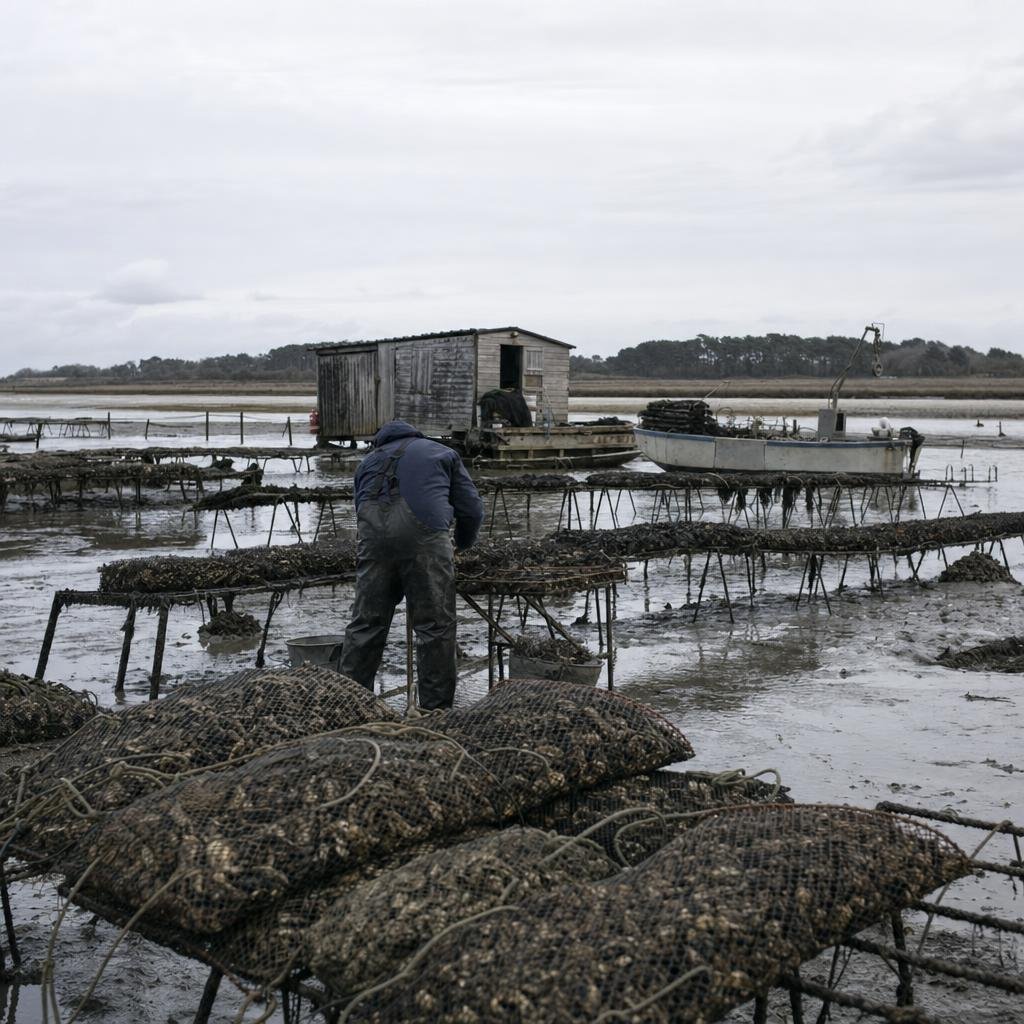 Tables ostréicoles et cabane d'ostréiculteur découvertes à marée basse sur le traict — acheter des huîtres directement au producteur en presqu'île guérandaise