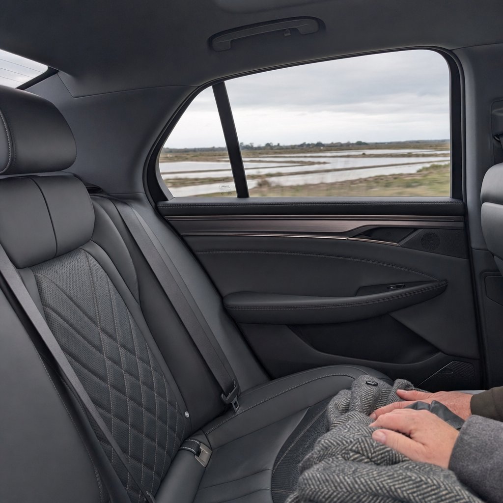 Vue depuis la banquette arrière d'une berline VTC traversant les marais salants — confort d'un chauffeur privé plutôt qu'un taxi sur la presqu'île guérandaise