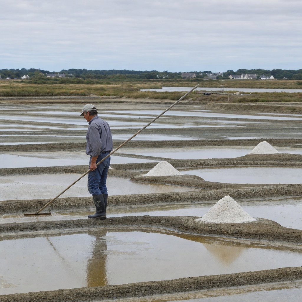 Les marais salants de Guérande et un paludier récoltant la fleur de sel — visiter Guérande et ses marais salants