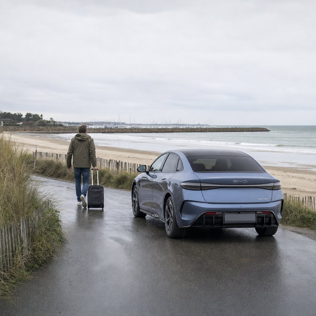 Berline VTC électrique en bord de plage à La Turballe, voyageur avec sa valise — transfert aéroport de Nantes vers La Turballe
