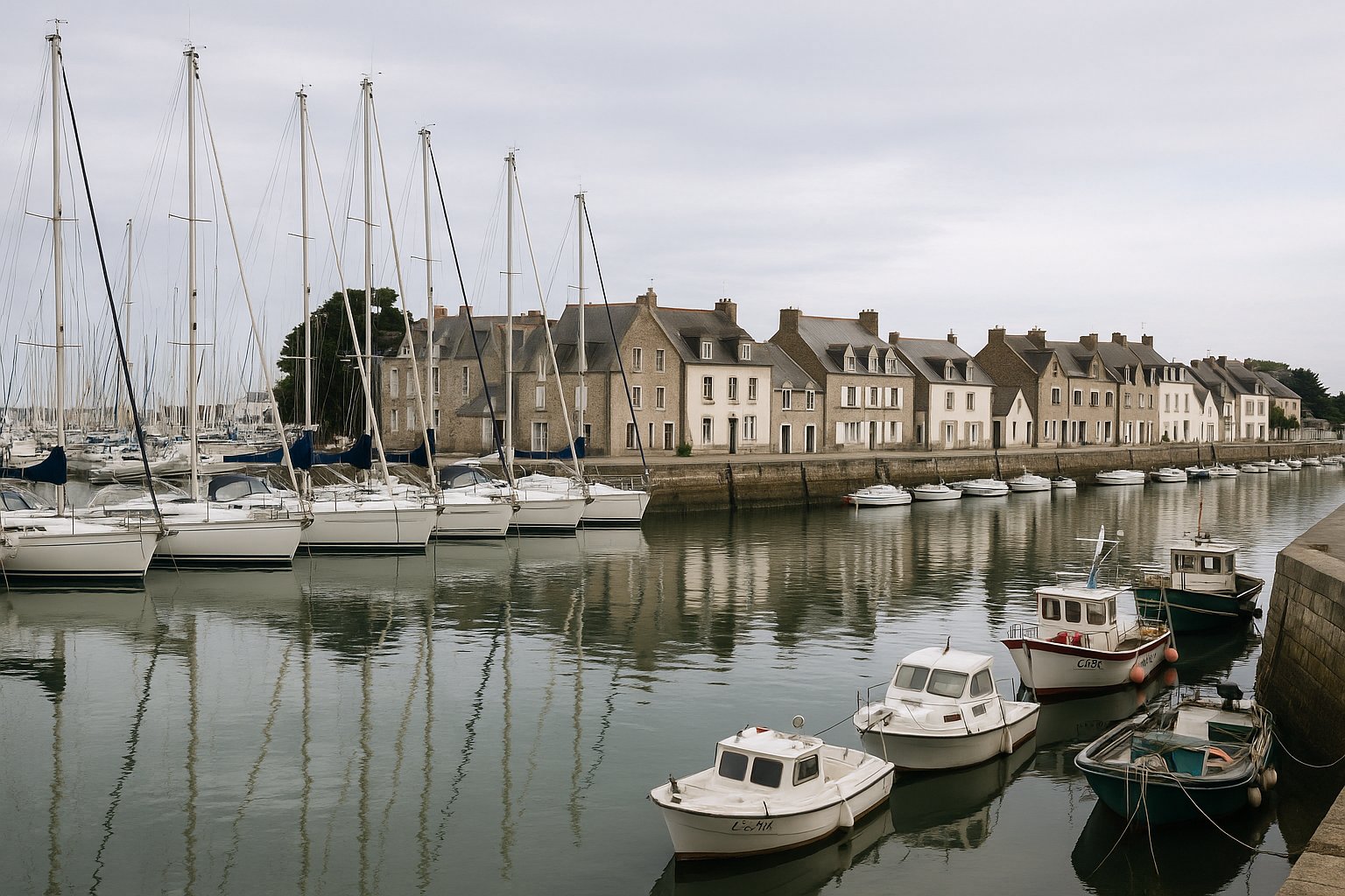 Port de plaisance du Pouliguen et ses bateaux au mouillage — chauffeur privé VTC Breizh Atlantique